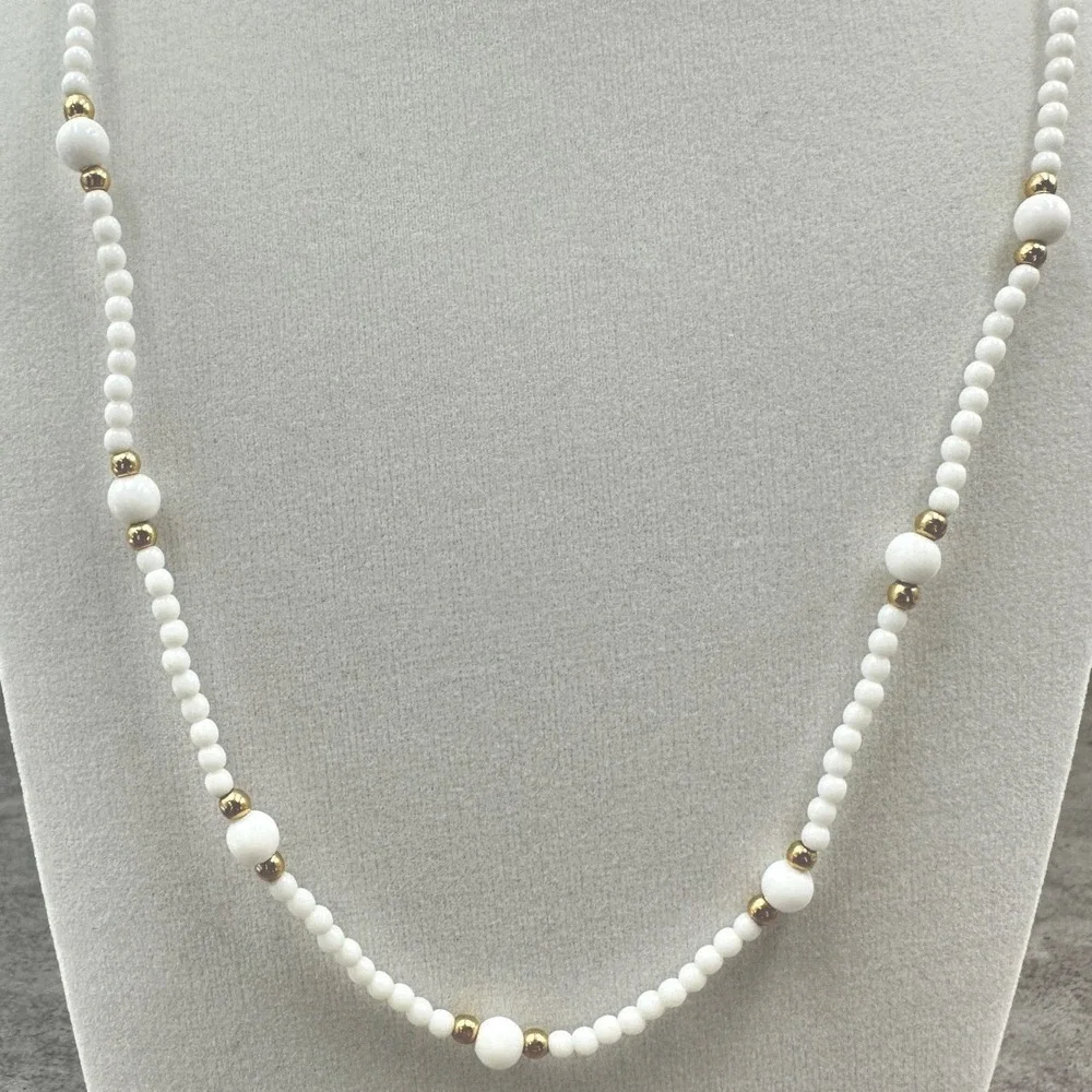 Napier Vintage White Seed Bead & Gold-Tone Accents Minimalist Layering‎ Necklace